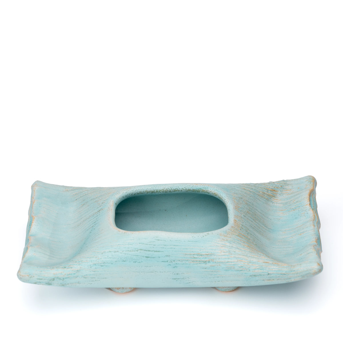 Top view of the pale blue Hechimon vase with its rectangular opening.