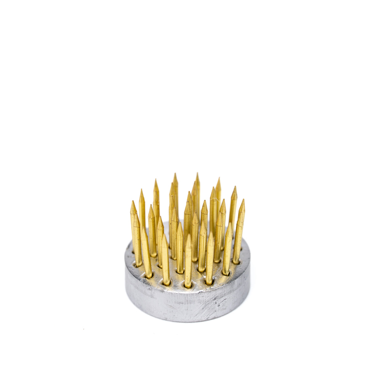 Removable metal flower pin holder on a white background.