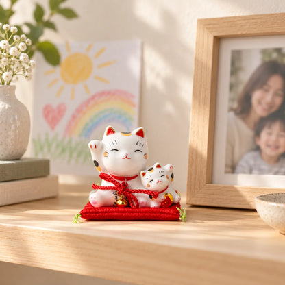 Tiny Yakushigama parent and kitten lucky cat on its red cushion beside a family photograph and drawing