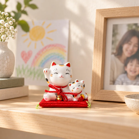 Tiny Yakushigama parent and kitten lucky cat on its red cushion beside a family photograph and drawing