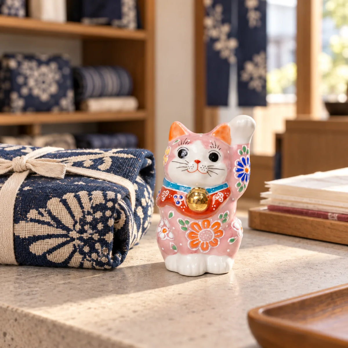 Small pink floral Kutani lucky cat beside a wrapped indigo textile parcel on a boutique counter