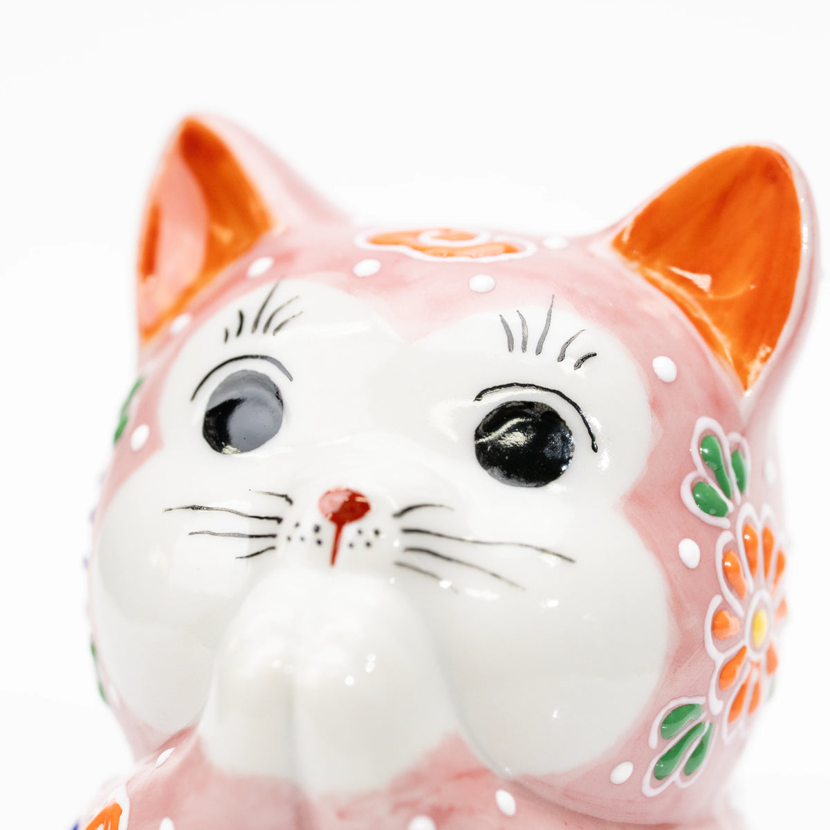 Close-up of the cat's white face, orange ears and joined paws.