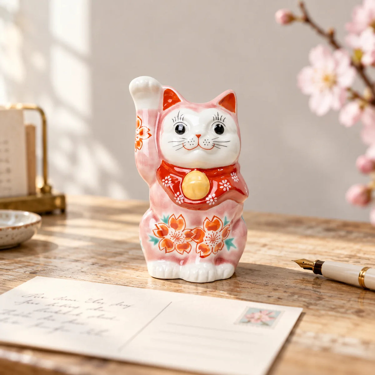 Pink sakura lucky cat beside a handwritten postcard and fountain pen on a spring writing desk