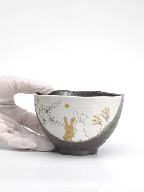 Kutani Hidamari Rabbit Bowl by Iroe Yū, 12 cm