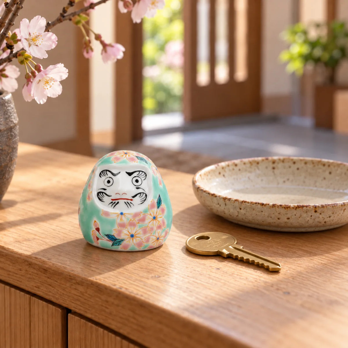 Small aqua Kutani Sakura Daruma with painted eyes and pink blossoms beside a house key and ceramic dish in a spring entryway