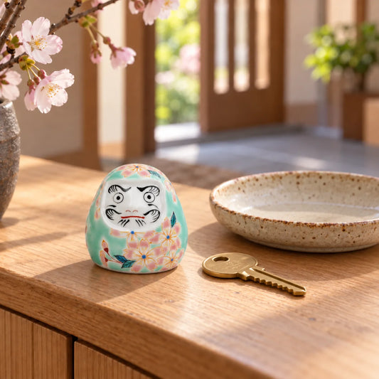 Small aqua Kutani Sakura Daruma with painted eyes and pink blossoms beside a house key and ceramic dish in a spring entryway