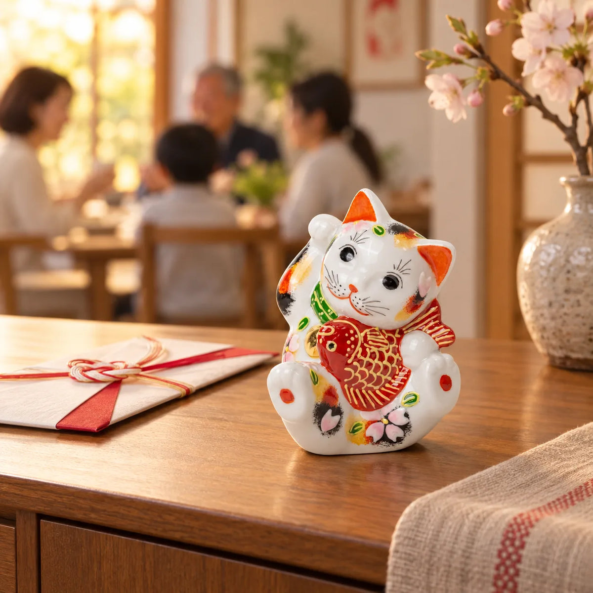 Small calico lucky cat holding a red sea bream on a celebration sideboard beside a gift envelope