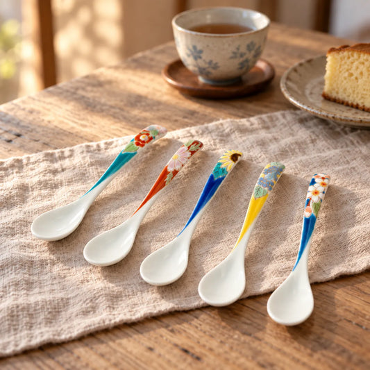 Five Seikō Kutani floral porcelain tea spoons beside a cup of tea on a linen-covered table