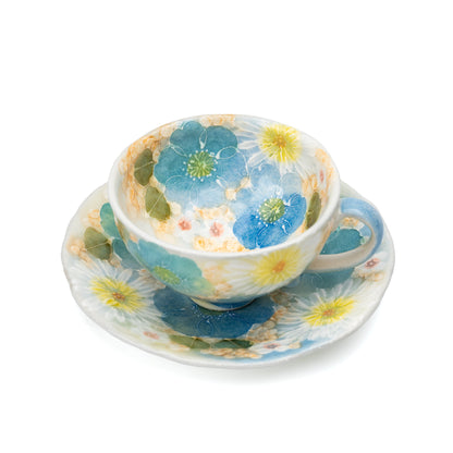 Cup and matching floral saucer viewed from above.
