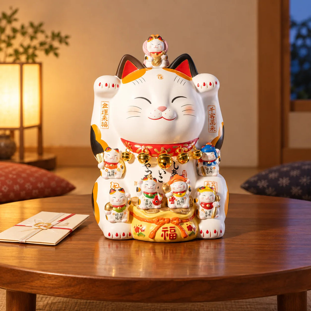 Large Yakushigama seven Lucky Gods cat with both paws raised on a low family table beside a gift envelope