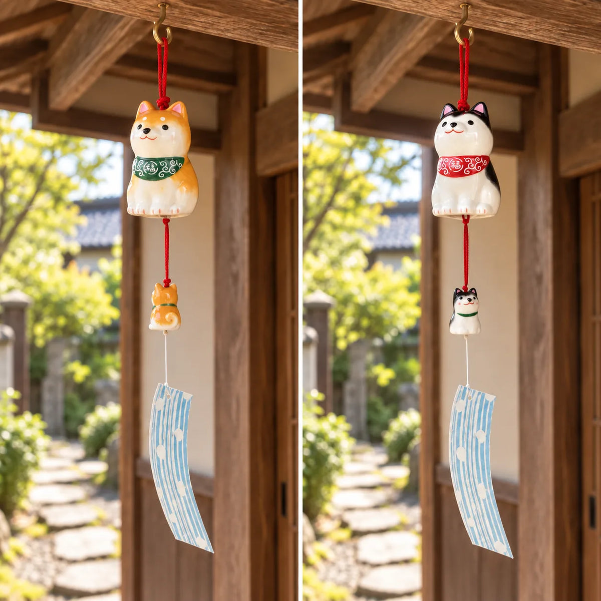 Tan and Black Shiba parent-and-puppy wind chime color options hanging separately under sheltered timber eaves