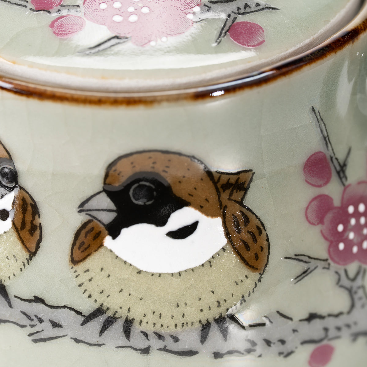 Close-up of a painted sparrow among pink blossoms.