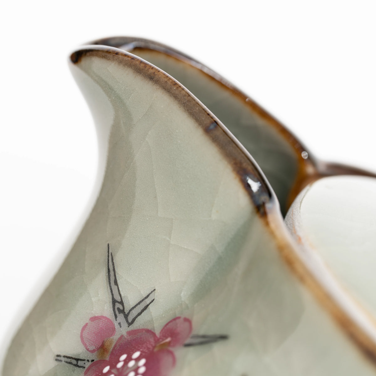 Close-up of the teapot spout and brown glazed lip.