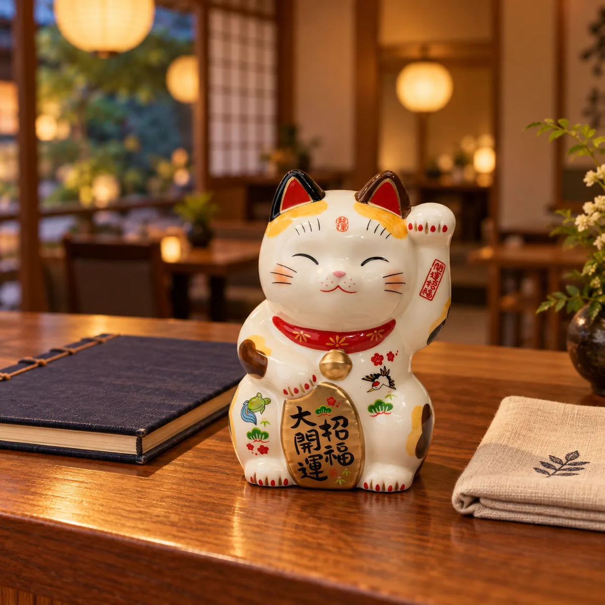 Yakushigama stationary 15 cm lucky cat with raised left paw beside a reservations book at a tea salon