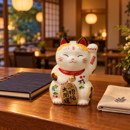 Yakushigama stationary 15 cm lucky cat with raised left paw beside a reservations book at a tea salon