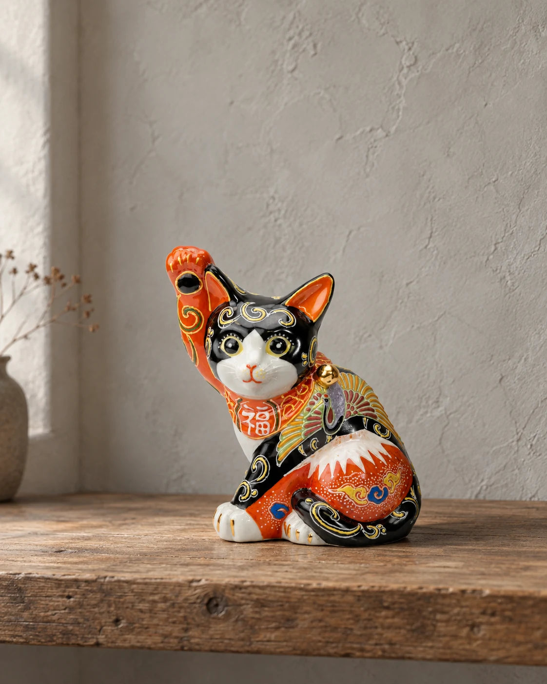 Kutani Red Fuji and crane lucky cat in a styled wooden shelf setting