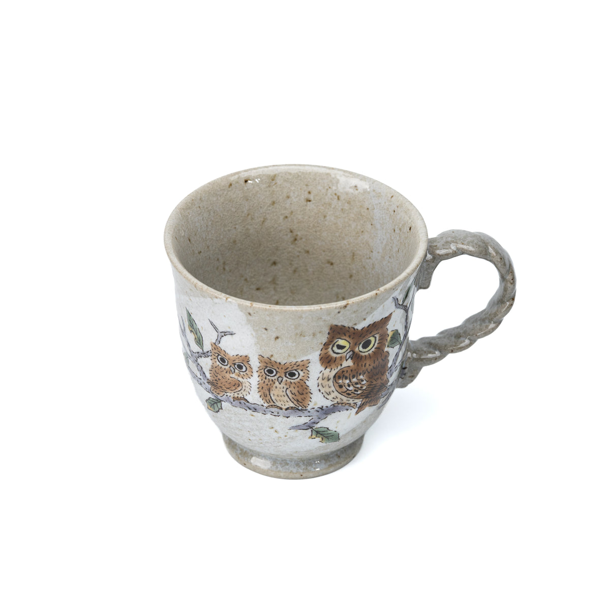 Top view of the Kutani three owls mug showing its interior and handle.