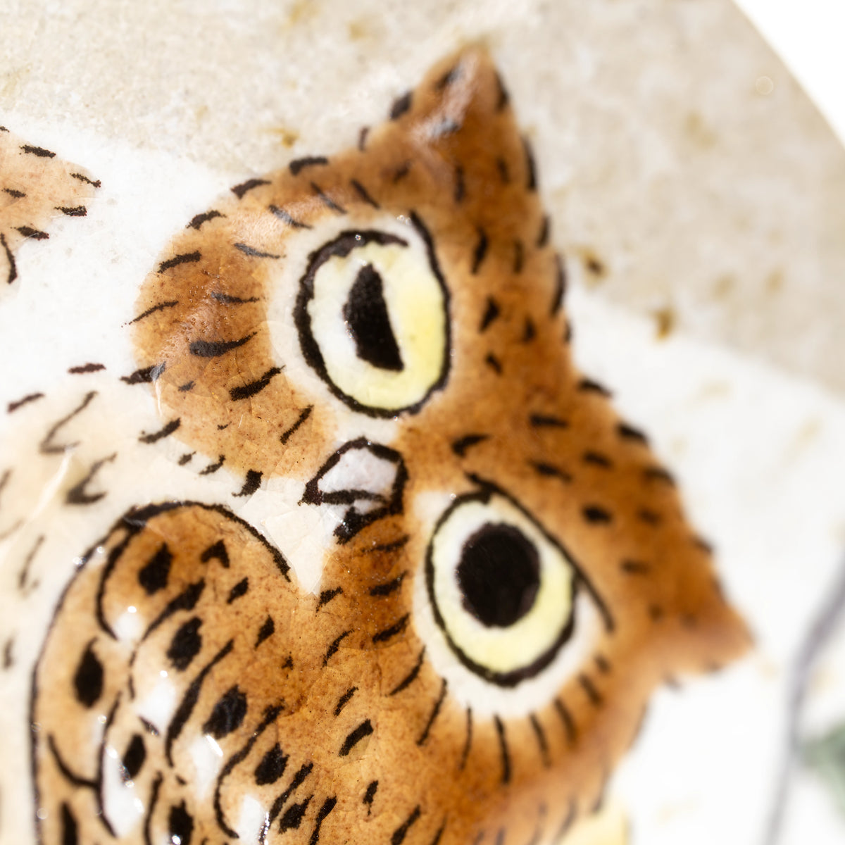 Close-up of a large brown owl on the Kutani three owls mug.