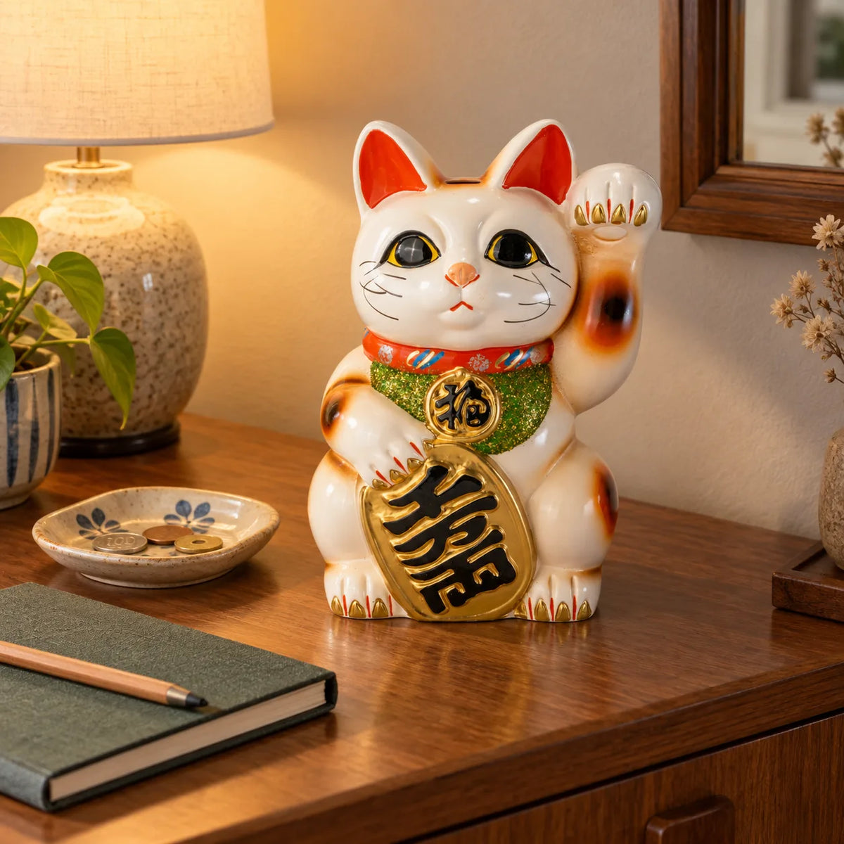 Tokoname white koban lucky cat coin bank beside a coin tray and household ledger, with slot visible on its head
