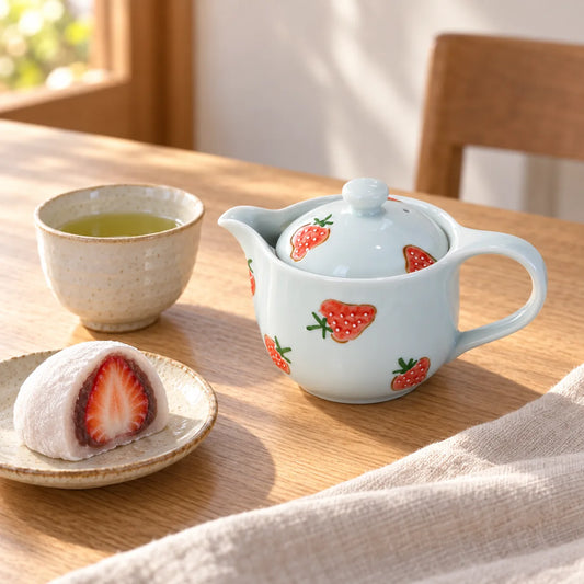 Tokushichi strawberry teapot beside a cup of green tea and strawberry daifuku