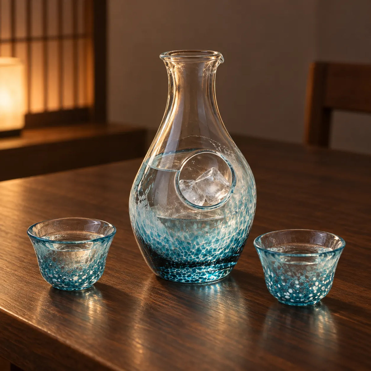 Blue glass sake carafe with ice in its separate side pocket and two matching cups on a wooden table