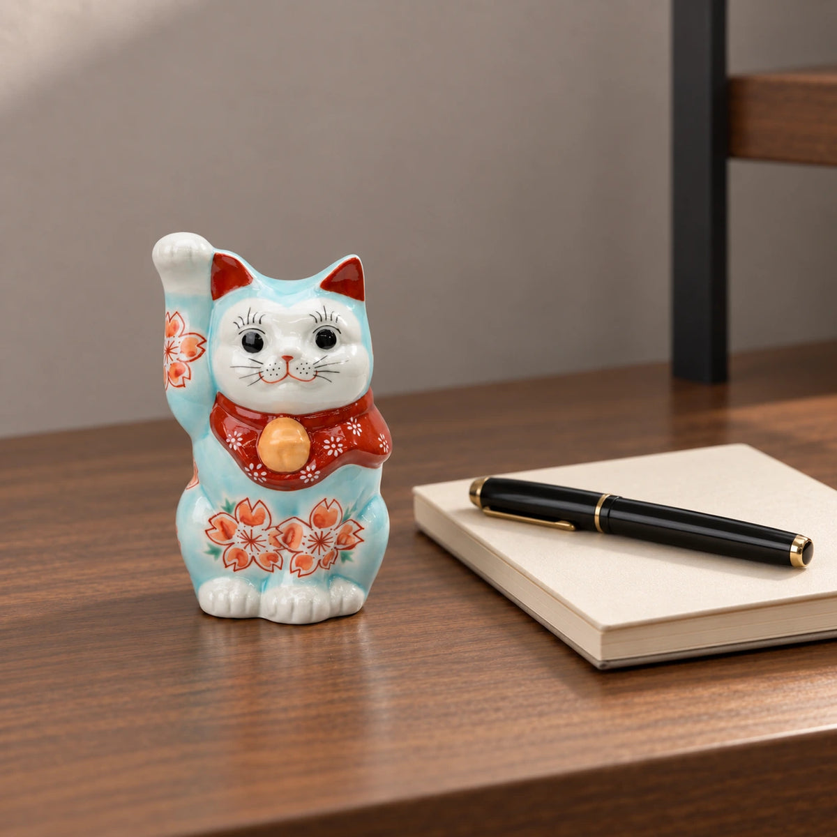 Turquoise blue cherry blossom lucky cat on a walnut writing desk beside an ivory notebook and a black fountain pen.