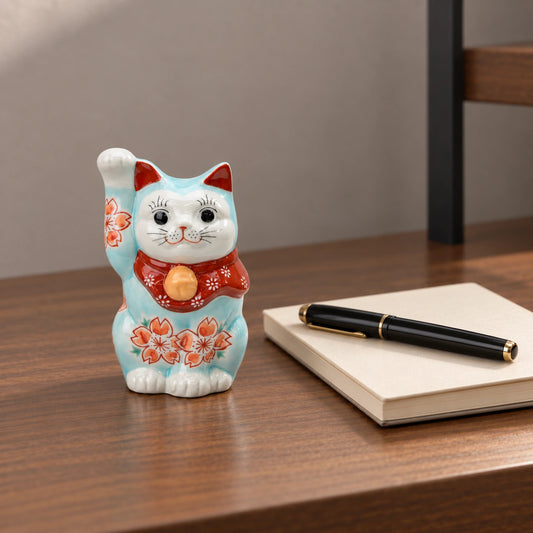 Turquoise blue cherry blossom lucky cat on a walnut writing desk beside an ivory notebook and a black fountain pen.
