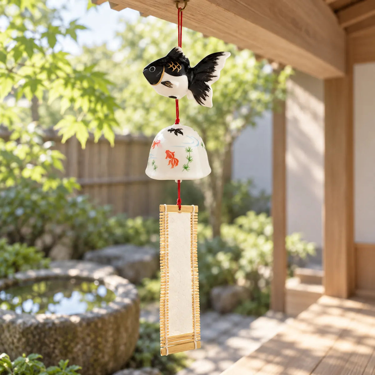 Yakushigama black goldfish wind chime with white painted bell and bamboo-framed wind catcher on a veranda