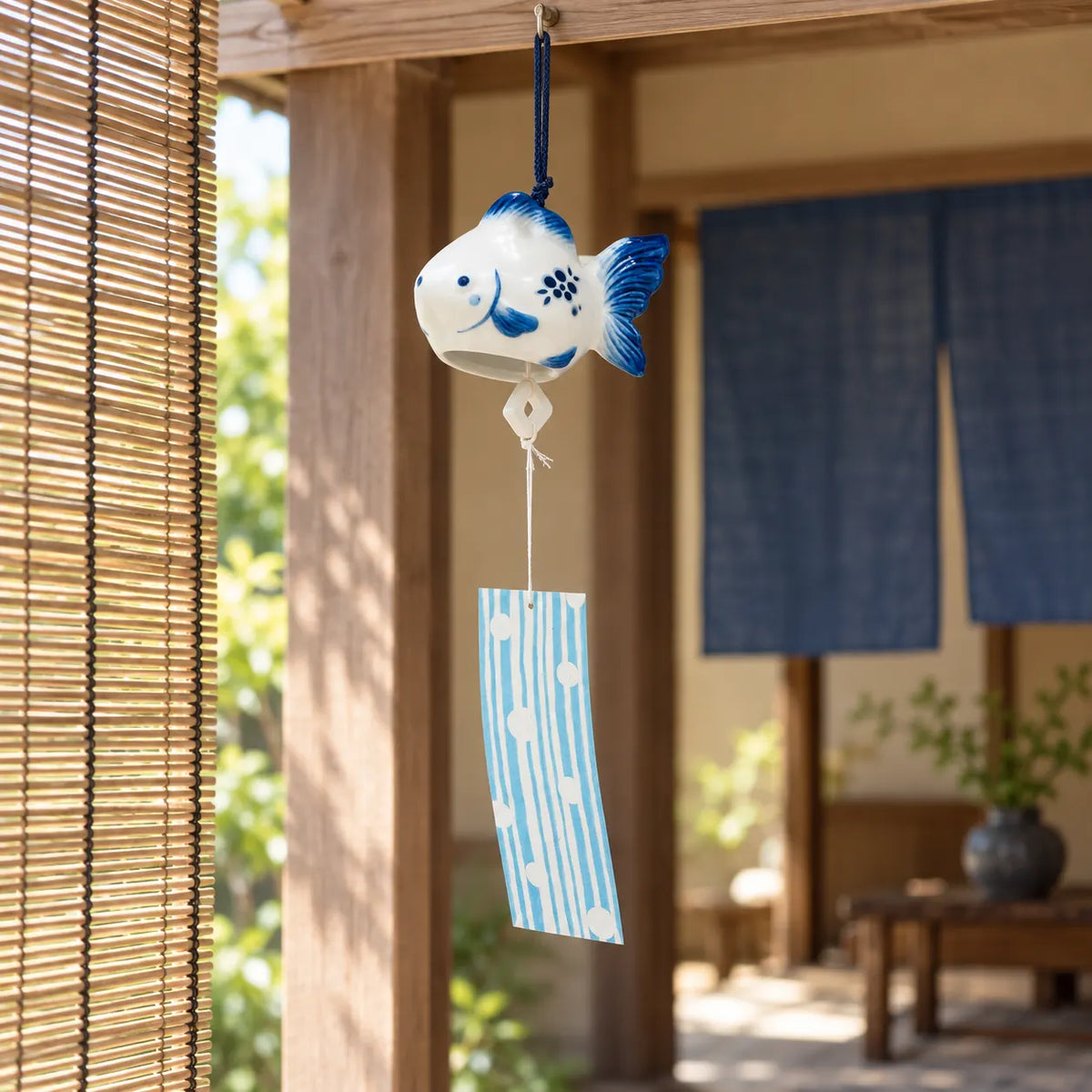 Yakushigama blue-and-white goldfish-shaped wind chime with striped paper tail at a summer doorway