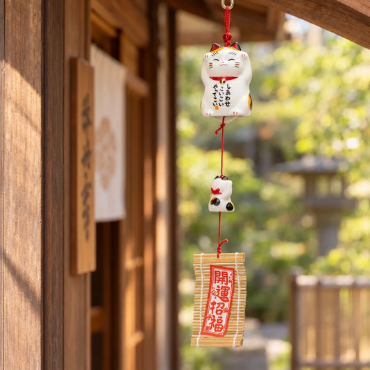 Yakushigama calico parent and kitten wind chime hanging under a timber eave, showing the parent's Japanese lettering and the red-labeled bamboo wind catcher