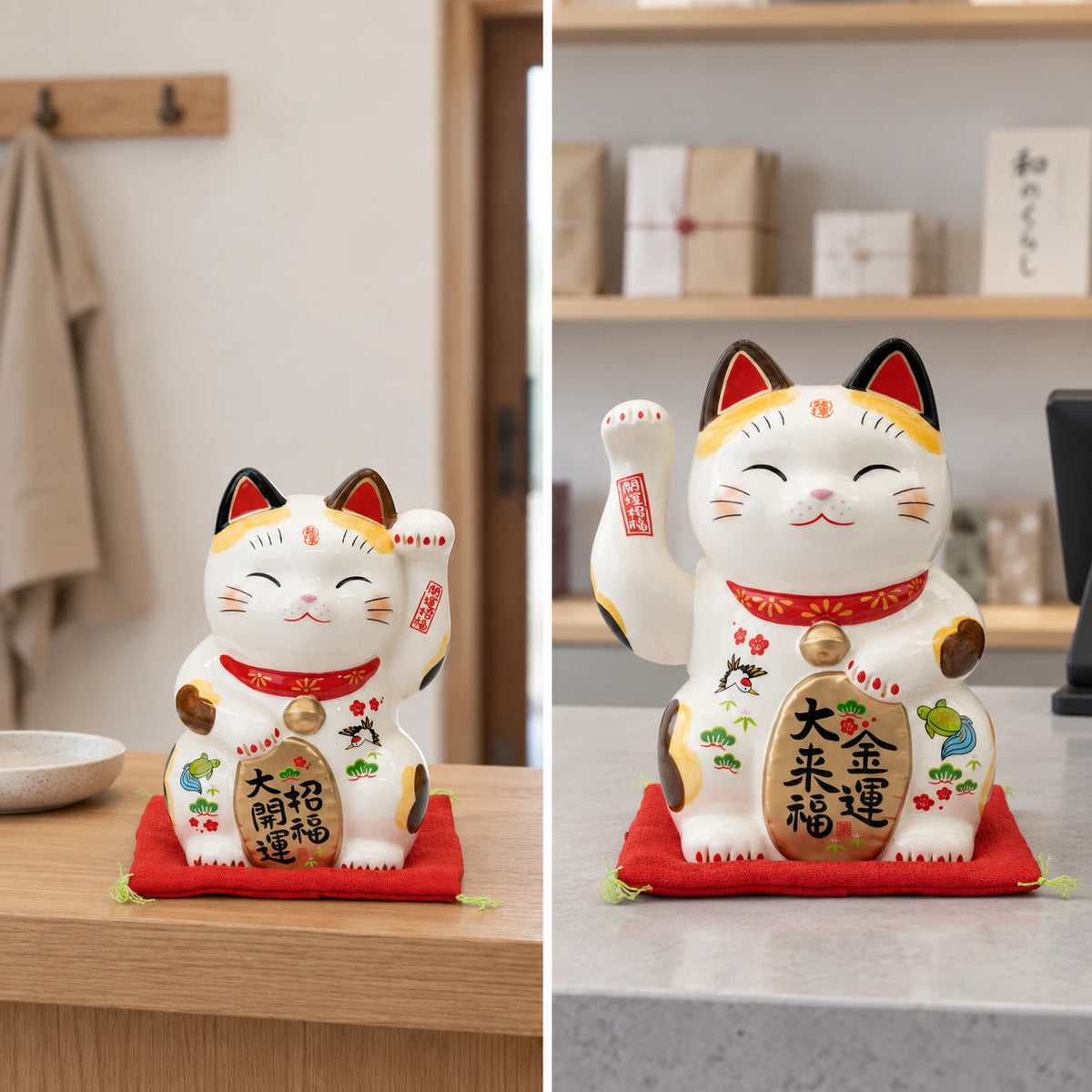 Stationary 15 cm lucky cat on an entrance shelf and 20.5 cm waving-paw cat on a shop counter, shown in separate front-view scenes.