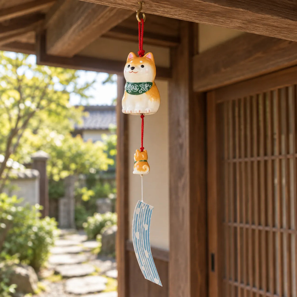 Tan Yakushigama Shiba parent and puppy wind chime with a blue striped paper strip at a Japanese home entrance
