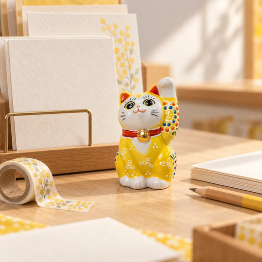 Tiny yellow Mori lucky cat beside blank cards, washi tape and a pencil at a stationery wrapping counter