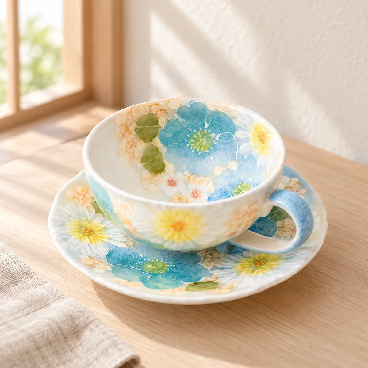 Tasse Yuzuriha à fleurs bleues, vide sur sa soucoupe assortie, près d’une fenêtre à la lumière douce.