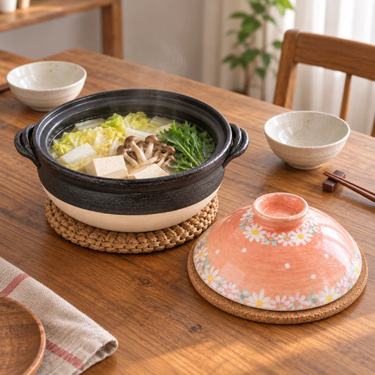 Yuzuriha daisy donabe holding tofu, mushrooms and greens in broth, with its painted pink lid beside it.