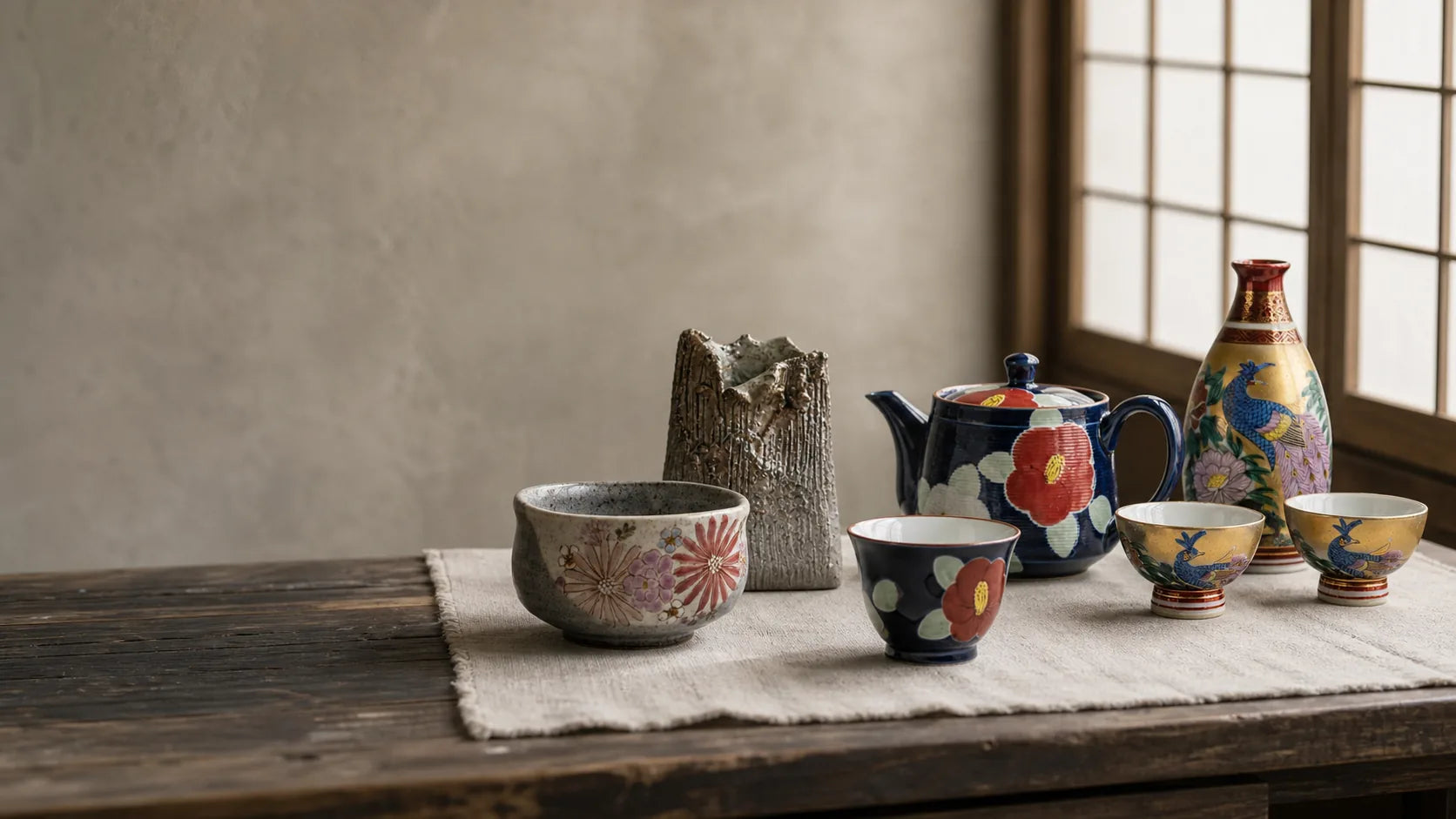 Japanese ceramics and craft objects arranged on linen in a softly lit Tokyo studio.
