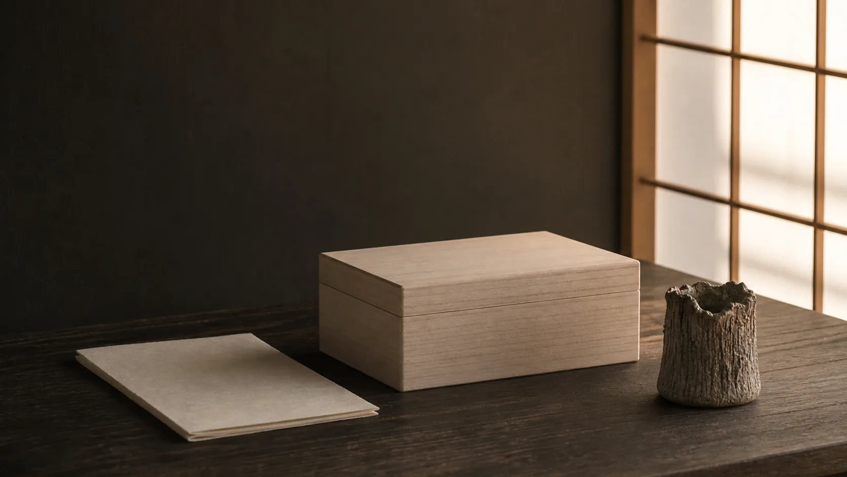 A closed wooden box and folded document on a softly lit desk beside a shoji screen.