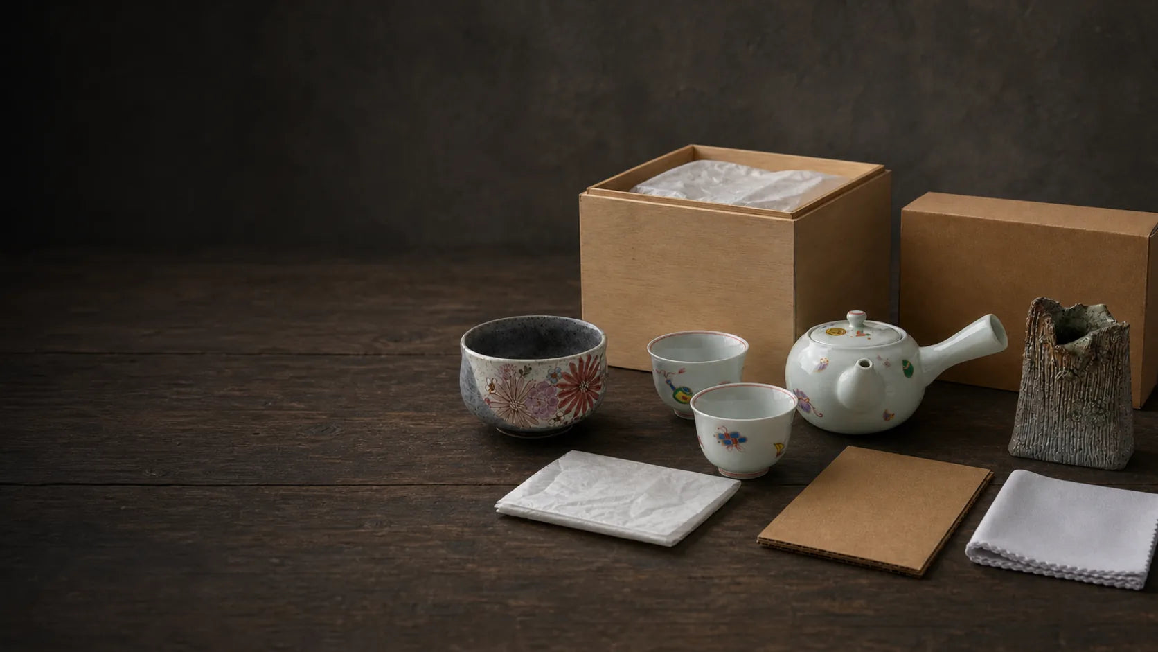 Japanese teaware, packing materials and a folded care cloth arranged neatly on a studio table.