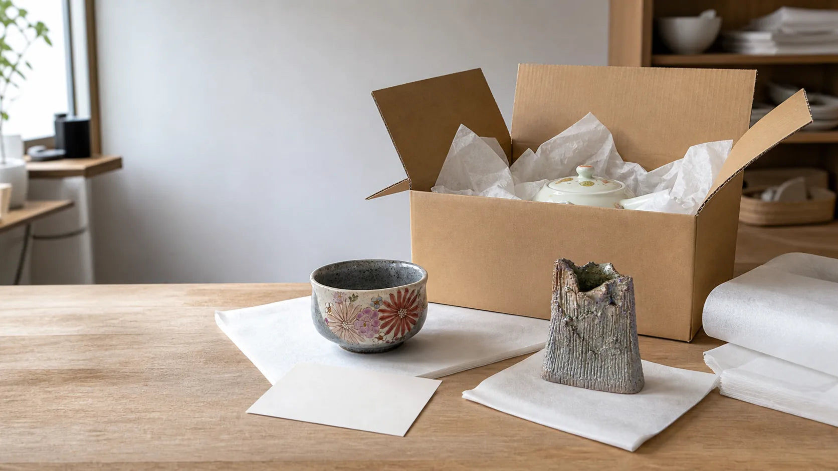 Japanese ceramics being wrapped in tissue and placed in a shipping box on a wooden studio table.