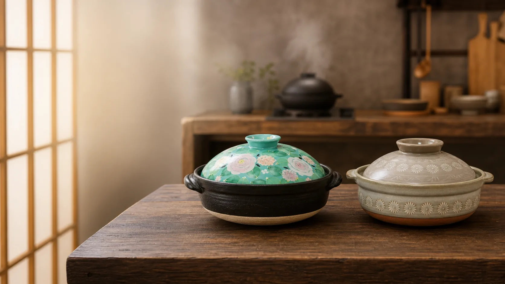 Two Japanese donabe clay pots with patterned lids on a dark wooden table.
