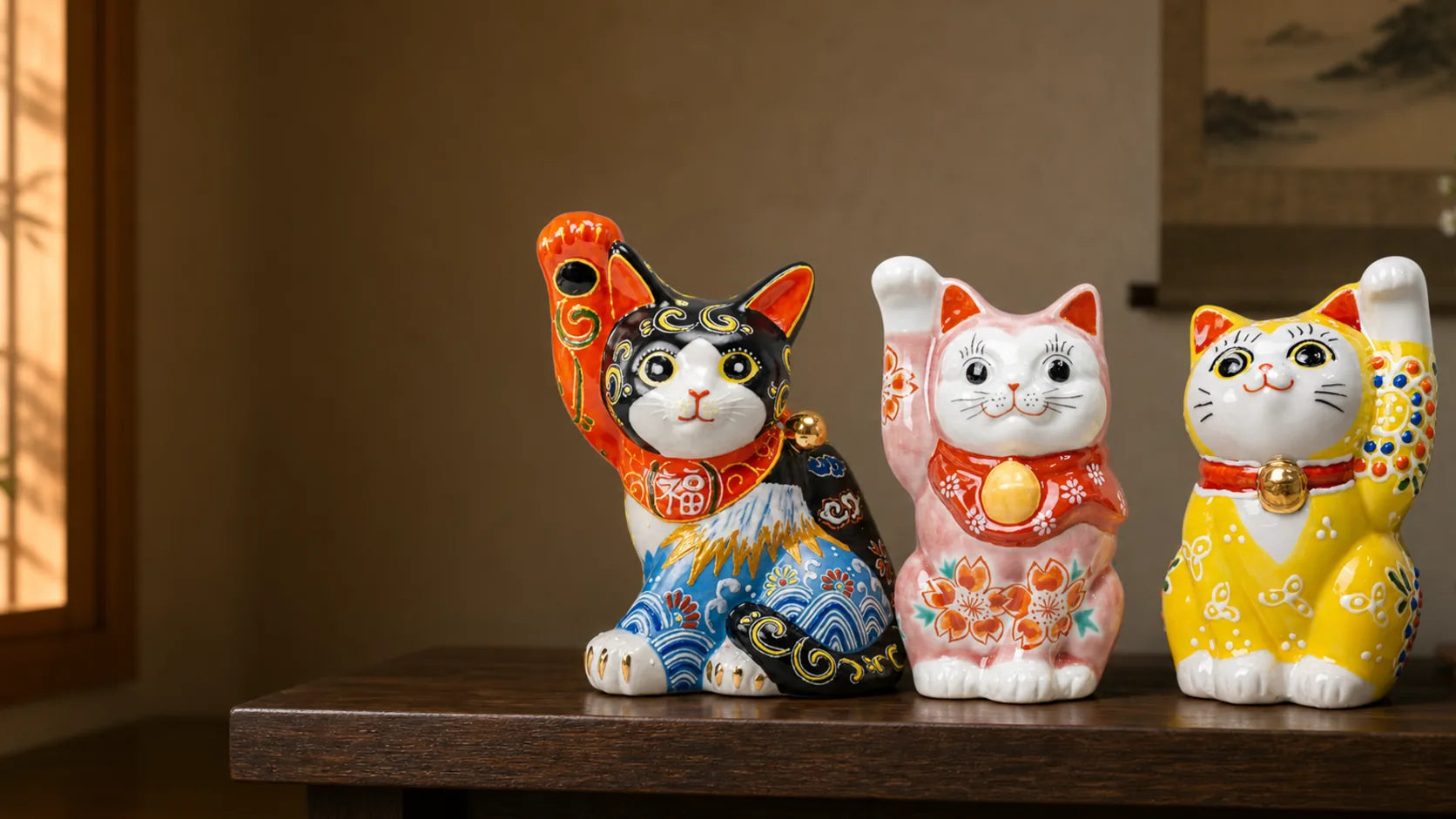 Black, pink and yellow Kutani maneki neko figurines displayed together on a wooden shelf.